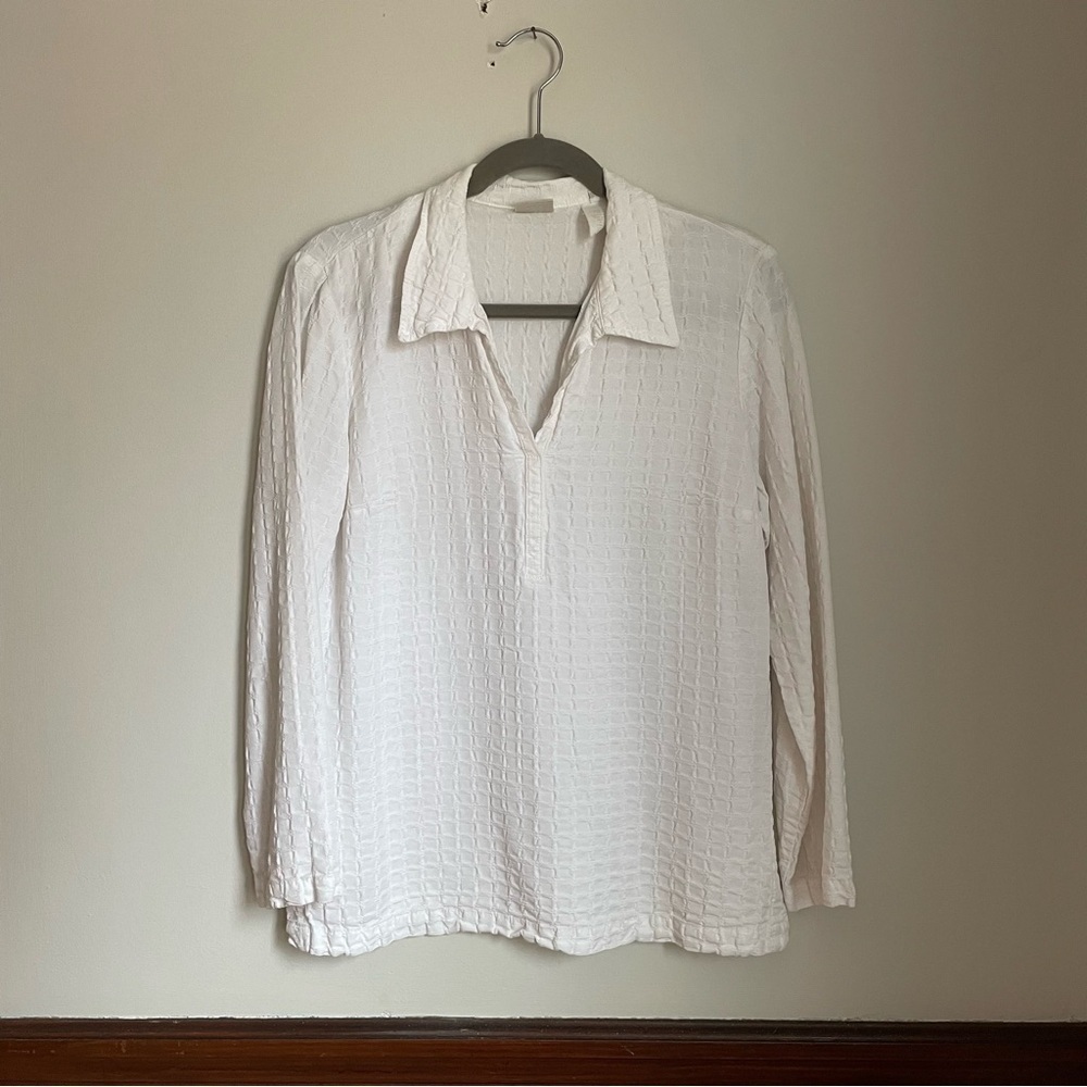 Norm Thompson White Casual Preppy Tencell Textured Beachy Collared Shirt sz M